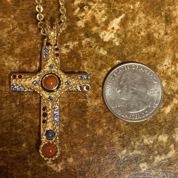 Camrose & Kross JBK Cross Necklace Gold w/ Blue & Red Stones/Crystals 20 Inches - Picture 10 of 12